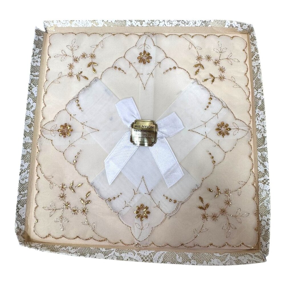 Vintage All Nylon Embroidered Handkerchief White Gold Floral Ornate Victorian